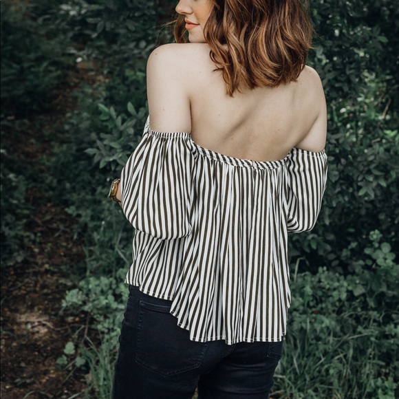 Striped Off The Shoulder Top - Olive - Picture 7 of 8